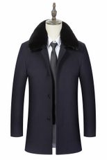 Mens Business Casual Mid Length Detachable Wool Blend Overcoat Stylish Turn Down Collar Versatil