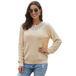 Womens Ribbed Knit Sweater V Neck Long Sleeve Lace Trim Autumn Winter Fashion Wholesale Availabl