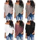 V Neck Off Shoulder Loose Long Sleeve T Shirt for Women Casual Autumn Style in Multiple Sizes