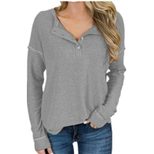 Waffle Knit Long Sleeve T Shirt for Women V Neck Button Design Casual Wear