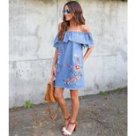 Embroidered Denim Dress Loose Fit Off Shoulder Ruffle Sleeve Spring Fashion Casual Wear Wholesal