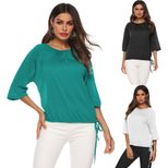 Womens Loose Fit Solid Color Round Neck T Shirt Three Quarter Sleeve Casual Wear Wholesale Avail
