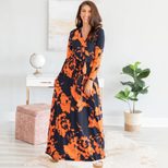 Floral Print Maxi Dress for Women V Neck Mid Waist Long Sleeve Spring Summer Casual Wear