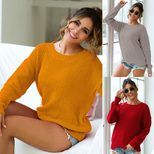 Womens Knit Sweater Round Neck Long Sleeve Wave Hem Available in Three Colors Spring Summer Fash
