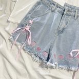 Japanese Style High Waisted Denim Shorts Blue Embroidered Frayed Hem Cute Loose Fit Summer Casua