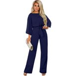 Womens Solid Color Loose Jumpsuit High Waist Tie Belt Three Quarter Sleeve Wide Leg Autumn Fashi