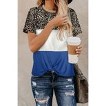 Color Block Leopard Print T Shirt for Women Summer Round Neck Short Sleeve Straight Fit Casual W