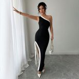 Summer Color Block Maxi Dress for Women Elegant Sexy High Slit Design Perfect for Parties and Ev