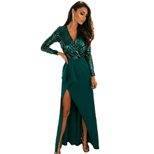 V Neck Long Sleeve Sequin Evening Dress Elegant Split Design Perfect for Parties and Gatherings