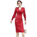 V Neck Long Sleeve Bodycon Dress Slim Fit Double Breasted Design Elegant for Fall Winter