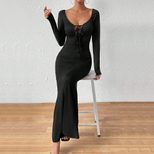 Elegant Long Sleeve Bodycon Dress Deep U Neck Front Tie Slim Fit Chic Style Perfect for Evening