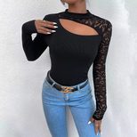 Lace Asymmetrical Long Sleeve T Shirt Off Shoulder Design Sexy Style Spring Autumn Wear Wholesal