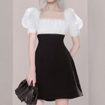 Square Neck Puff Sleeve Dress Slim Fit Lightweight Fabric Summer Casual Wear fast shipping