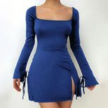 Red A Line Dress High Waist Square Neck Split Hem Versatile Autumn Winter Style Wholesale Availa