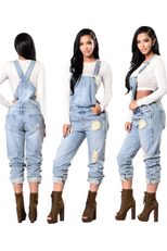 Womens Distressed Denim Overalls Light Blue Color Casual Fit Summer Wear private label