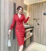 V Neck Long Sleeve Bodycon Dress Slim Fit Double Breasted Design Elegant for Fall Winter