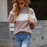 High Neck Lantern Sleeve Sweater Color Block Design Knitted Fabric Cozy Fit Autumn Winter Fashion Wholesale