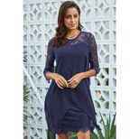 Spring Womens Dress Solid Color Lace Panel Round Neck Three Quarter Sleeve Asymmetrical Hem Form