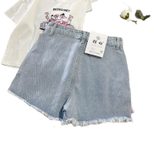 Japanese Style High Waisted Denim Shorts Blue Embroidered Frayed Hem Cute Loose Fit Summer Casua