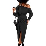 Long Sleeve Off Shoulder Dress Sexy Split Design Waist Cinching Elegant Style Perfect for Autumn