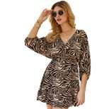 Leopard Print V Neck Midi Dress for Women Three Quarter Sleeve Spring Summer Fashion