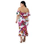 Summer Floral Print Ruffle Off Shoulder Dress Sexy Short Sleeve Mermaid Hem Plus Size Evening Pa