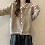 Color Block Knitted Cardigan for Women Loose Fit Soft Fabric with Bow Detail Spring Autumn Wear