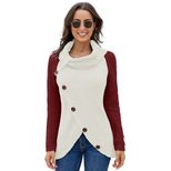 Womens Winter Sweater Color Block High Neck Button Detail Long Sleeve Asymmetrical Knit Casual W