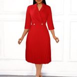 Elegant Womens Dress Solid Color Pleated Design Suit Collar Autumn Fashion for Business or Casua