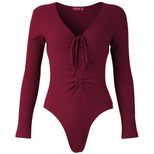 Deep V Neck Drawstring Triangle Jumpsuit Solid Color Knitted Stretch Fabric Casual Wear for Wome