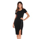Womens Bodycon Pencil Dress Solid Color Short Sleeve Round Neck Zipper Closure Casual or Formal