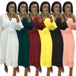 Long Sleeve Solid Color Waist Defined Pleated Maxi Dress for Women Elegant Casual Wear