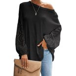 Womens Loose Fit Hollow Out Long Sleeve Top Solid Color Off Shoulder Asymmetrical Neckline Sprin