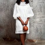 Hollow Out Puff Sleeve Two Piece Dress Solid Color Elegant Design Trendy Style Perfect for Autum