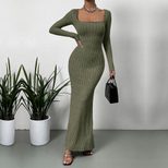 Elegant Long Sleeve Square Neck Dress Slim Fit Ankle Length Autumn Winter Perfect for Formal Occ