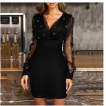 Mesh Panel Bodycon Dress with Shimmering Beads Elegant Evening Wear Perfect for Parties and Spec