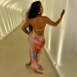 Summer Womens Dress Sexy Halter Neck Backless Design Floral Print Mesh Panel Casual Party Wear O