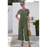 Womens Summer Jumpsuit Loose Fit High Waist Short Sleeve Button Design Casual Wear