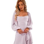 Womens Ruffled Neckline Dress Sweet and Fresh Style Puff Sleeve Waist Defined Short Length Perfe