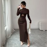 Slim Fit Long Sleeve Midi Dress Sexy Side Slit Waist Cutout Elegant Style Perfect for Autumn and