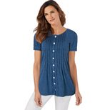 Womens Summer T Shirt Short Sleeve Round Neck Button Detail Loose Fit Casual Wear