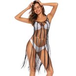 Sheer Lace Cami Dress Sexy Hollow Design Beaded Details Long Fringe Beach Cover Up for Summer Wh