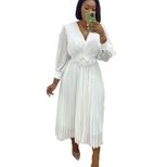 Long Sleeve Solid Color Waist Defined Pleated Maxi Dress for Women Elegant Casual Wear