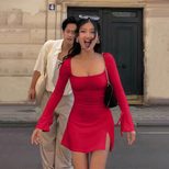 Red A Line Dress High Waist Square Neck Split Hem Versatile Autumn Winter Style Wholesale Availa