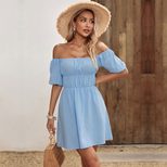 Off Shoulder A Line Dress Waist Defined Casual Floral Print Perfect for Vacation or Summer Outin