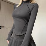 Womens T Shirt Invisible Zipper Stand Collar Casual Street Style Autumn Winter Collection