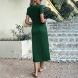 V Neck Knotted Waist Midi Dress Elegant Solid Color Split Design Comfortable Knit Fabric Perfect