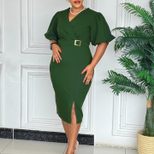 Fashionable Womens Dress V Neck Puff Sleeves Solid Color Bodycon Fit Side Slit Perfect for Parti