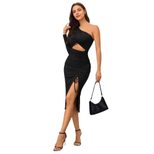 Sexy Hollow Out Midi Dress Asymmetrical Neckline Side Slit Elegant Design Autumn Winter Fashion
