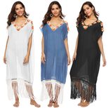 Bohemian Crochet Patchwork Maxi Dress Loose Fit Short Sleeve V Neck Tassel Detail Beachwear for